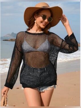 VENUS Black Open Knit Pullover Long Sleeve Swim Coverup Size L